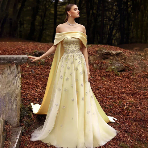 Luxury Dubai Arabic Yellow Elegant Boat Neck Long Evening Dress Beaded Party Gown for Women's Wedding LA72531