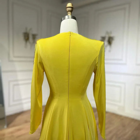 Luxury Dubai Arabic Yellow Mermaid Elegant Tassel Beaded Evening Dresses Gowns For Women Wedding Party 2025 LA72555