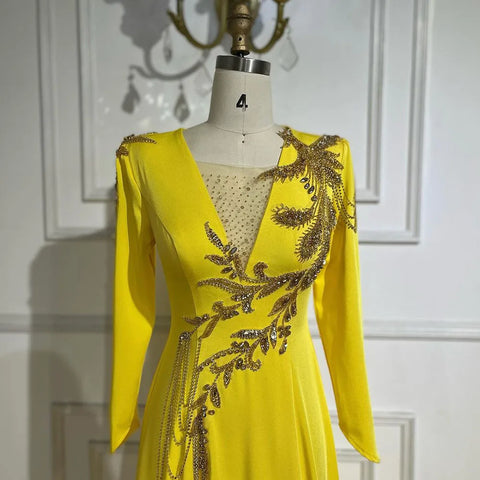 Luxury Dubai Arabic Yellow Mermaid Elegant Tassel Beaded Evening Dresses Gowns For Women Wedding Party 2025 LA72555