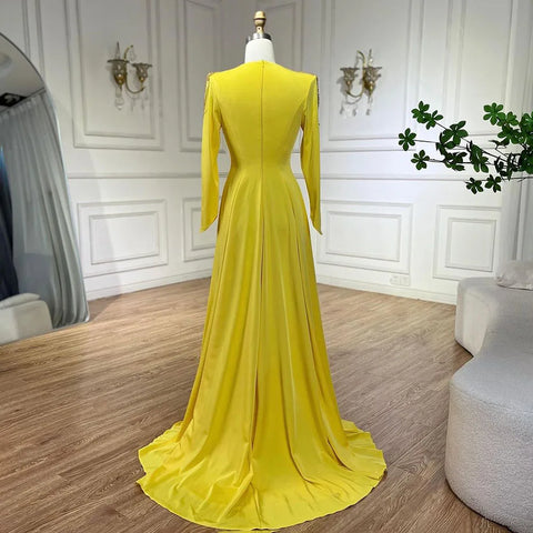 Luxury Dubai Arabic Yellow Mermaid Elegant Tassel Beaded Evening Dresses Gowns For Women Wedding Party 2025 LA72555