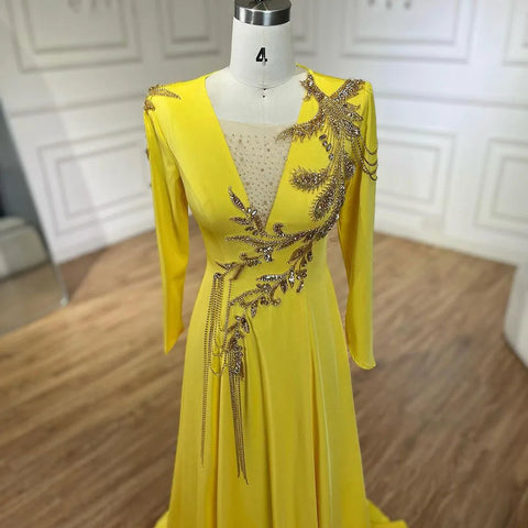 Luxury Dubai Arabic Yellow Mermaid Elegant Tassel Beaded Evening Dresses Gowns For Women Wedding Party 2025 LA72555