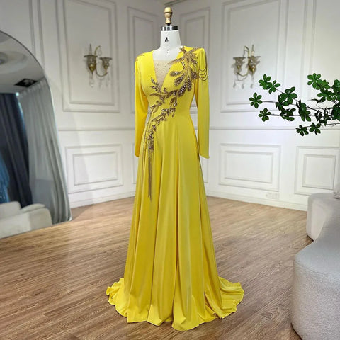Luxury Dubai Arabic Yellow Mermaid Elegant Tassel Beaded Evening Dresses Gowns For Women Wedding Party 2025 LA72555