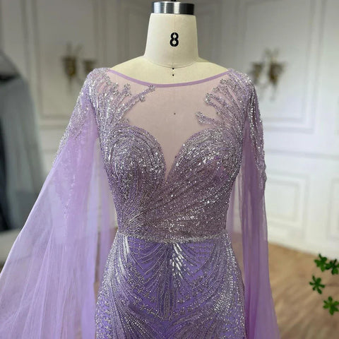 Luxury Dubai Arabic lilac Elegant Cape Sleeves Mermaid Beaded Evening Dresses Gowns For Woman Party 2025 LA72532