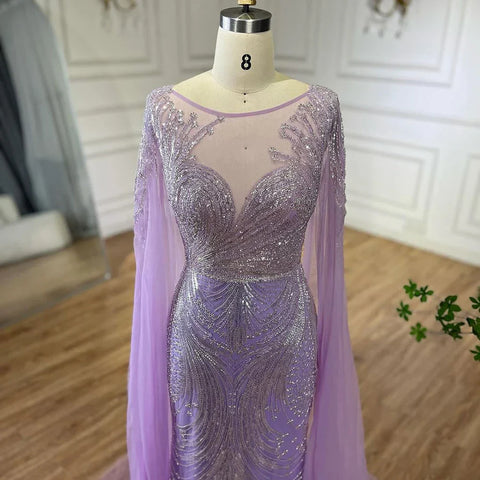 Luxury Dubai Arabic lilac Elegant Cape Sleeves Mermaid Beaded Evening Dresses Gowns For Woman Party 2025 LA72532