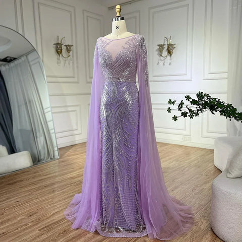Luxury Dubai Arabic lilac Elegant Cape Sleeves Mermaid Beaded Evening Dresses Gowns For Woman Party 2025 LA72532