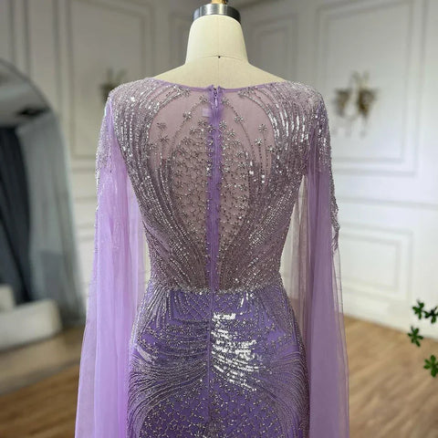 Luxury Dubai Arabic lilac Elegant Cape Sleeves Mermaid Beaded Evening Dresses Gowns For Woman Party 2025 LA72532