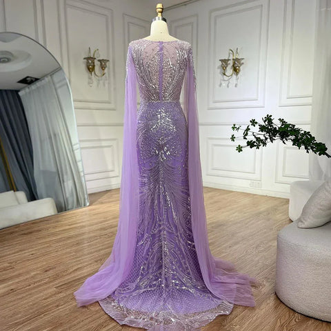 Luxury Dubai Arabic lilac Elegant Cape Sleeves Mermaid Beaded Evening Dresses Gowns For Woman Party 2025 LA72532