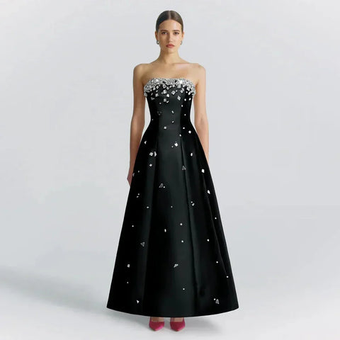 Luxury Dubai Black Beaded Evening Dress for Women 2025 Elegant Arabic Wedding Birthday Party Formal Gowns LA72498
