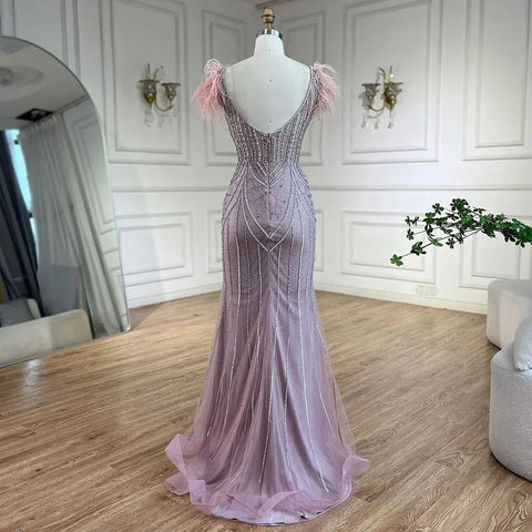 Luxury Dubai Blue Strapless Mermaid Evening Dresses Gowns Pearls Feathers Beaded for Women Wedding Party LA72578