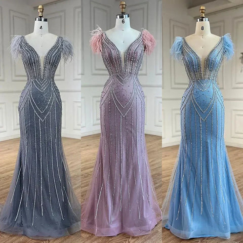 Luxury Dubai Blue Strapless Mermaid Evening Dresses Gowns Pearls Feathers Beaded for Women Wedding Party LA72578
