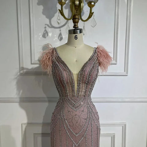 Luxury Dubai Blue Strapless Mermaid Evening Dresses Gowns Pearls Feathers Beaded for Women Wedding Party LA72578