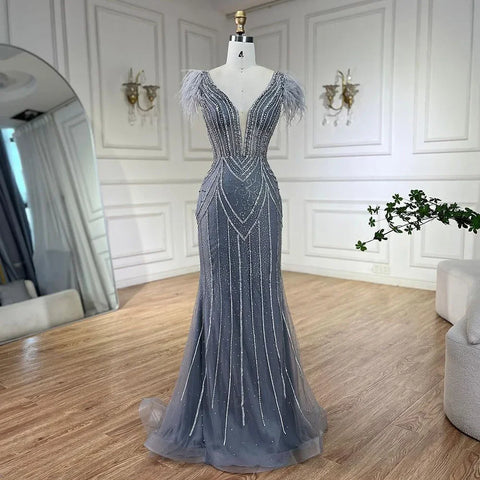 Luxury Dubai Blue Strapless Mermaid Evening Dresses Gowns Pearls Feathers Beaded for Women Wedding Party LA72578