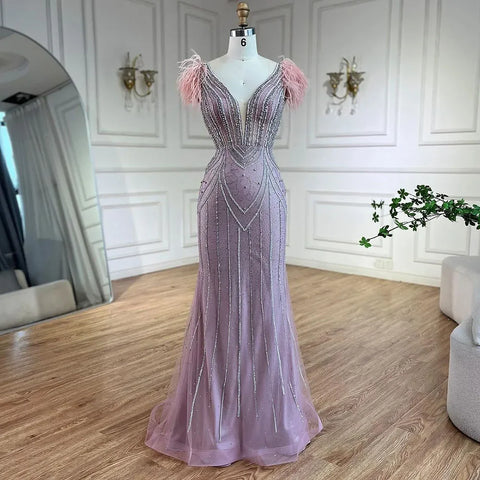 Luxury Dubai Blue Strapless Mermaid Evening Dresses Gowns Pearls Feathers Beaded for Women Wedding Party LA72578