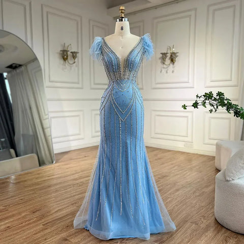 Luxury Dubai Blue Strapless Mermaid Evening Dresses Gowns Pearls Feathers Beaded for Women Wedding Party LA72578