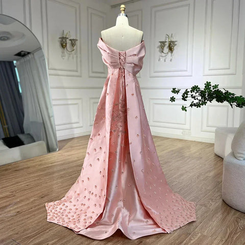 Luxury Dubai Elegant Appliques Mermaid Peach Satin Long Evening Dresses Gowns for Women Wedding Party 2025 LA72483