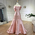 Luxury Dubai Elegant Appliques Mermaid Peach Satin Long Evening Dresses Gowns for Women Wedding Party 2025 LA72483