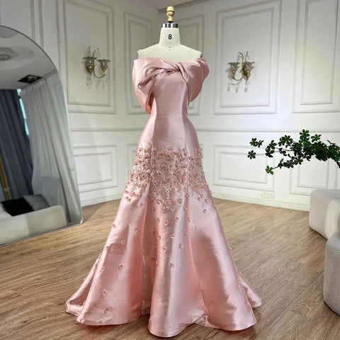 Luxury Dubai Elegant Appliques Mermaid Peach Satin Long Evening Dresses Gowns for Women Wedding Party 2025 LA72483