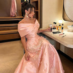 Luxury Dubai Elegant Appliques Mermaid Peach Satin Long Evening Dresses Gowns for Women Wedding Party 2025 LA72483