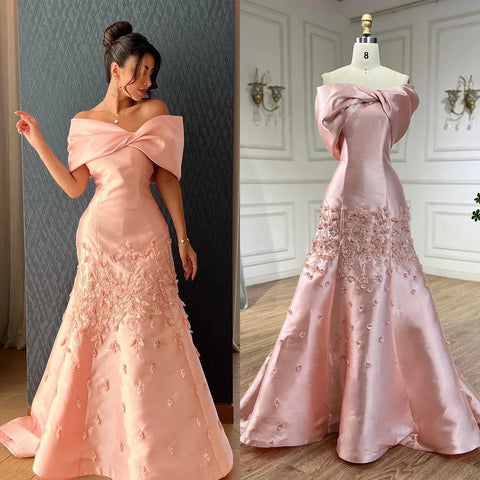 Luxury Dubai Elegant Appliques Mermaid Peach Satin Long Evening Dresses Gowns for Women Wedding Party 2025 LA72483