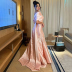 Luxury Dubai Elegant Appliques Mermaid Peach Satin Long Evening Dresses Gowns for Women Wedding Party 2025 LA72483