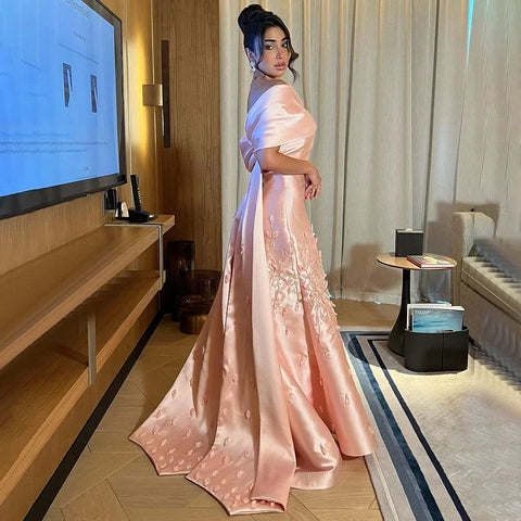 Luxury Dubai Elegant Appliques Mermaid Peach Satin Long Evening Dresses Gowns for Women Wedding Party 2025 LA72483