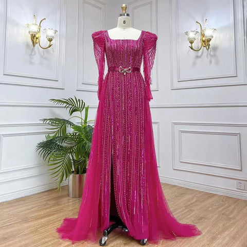 Robe de soirée de luxe fuchsia Dubaï pour femmes, en solde, sans retour ni remboursement, pour mariage, 2025, manches longues, surjupe, soirée formelle arabe, LA71678 