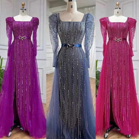 Robe de soirée de luxe fuchsia Dubaï pour femmes, en solde, sans retour ni remboursement, pour mariage, 2025, manches longues, surjupe, soirée formelle arabe, LA71678 