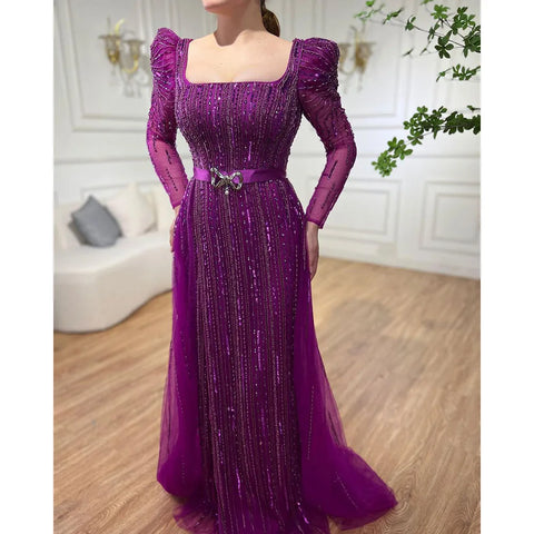 Robe de soirée de luxe fuchsia Dubaï pour femmes, en solde, sans retour ni remboursement, pour mariage, 2025, manches longues, surjupe, soirée formelle arabe, LA71678 