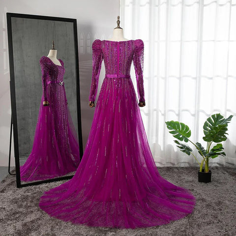 Robe de soirée de luxe fuchsia Dubaï pour femmes, en solde, sans retour ni remboursement, pour mariage, 2025, manches longues, surjupe, soirée formelle arabe, LA71678 