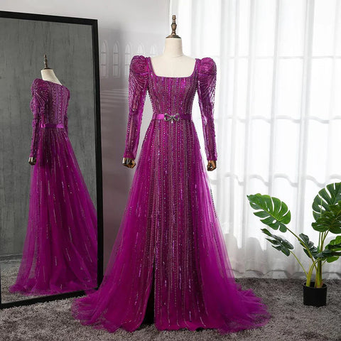Robe de soirée de luxe fuchsia Dubaï pour femmes, en solde, sans retour ni remboursement, pour mariage, 2025, manches longues, surjupe, soirée formelle arabe, LA71678 