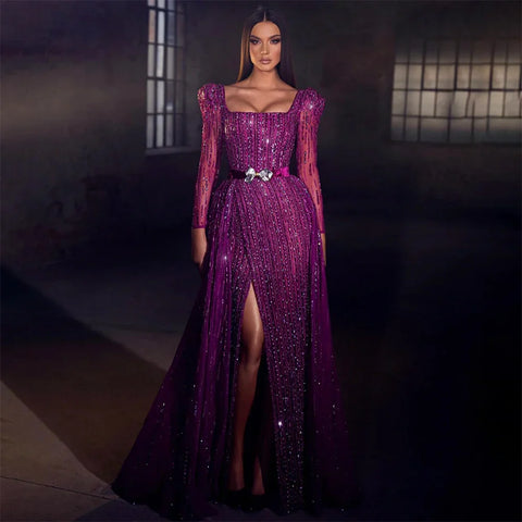 Robe de soirée de luxe fuchsia Dubaï pour femmes, en solde, sans retour ni remboursement, pour mariage, 2025, manches longues, surjupe, soirée formelle arabe, LA71678 