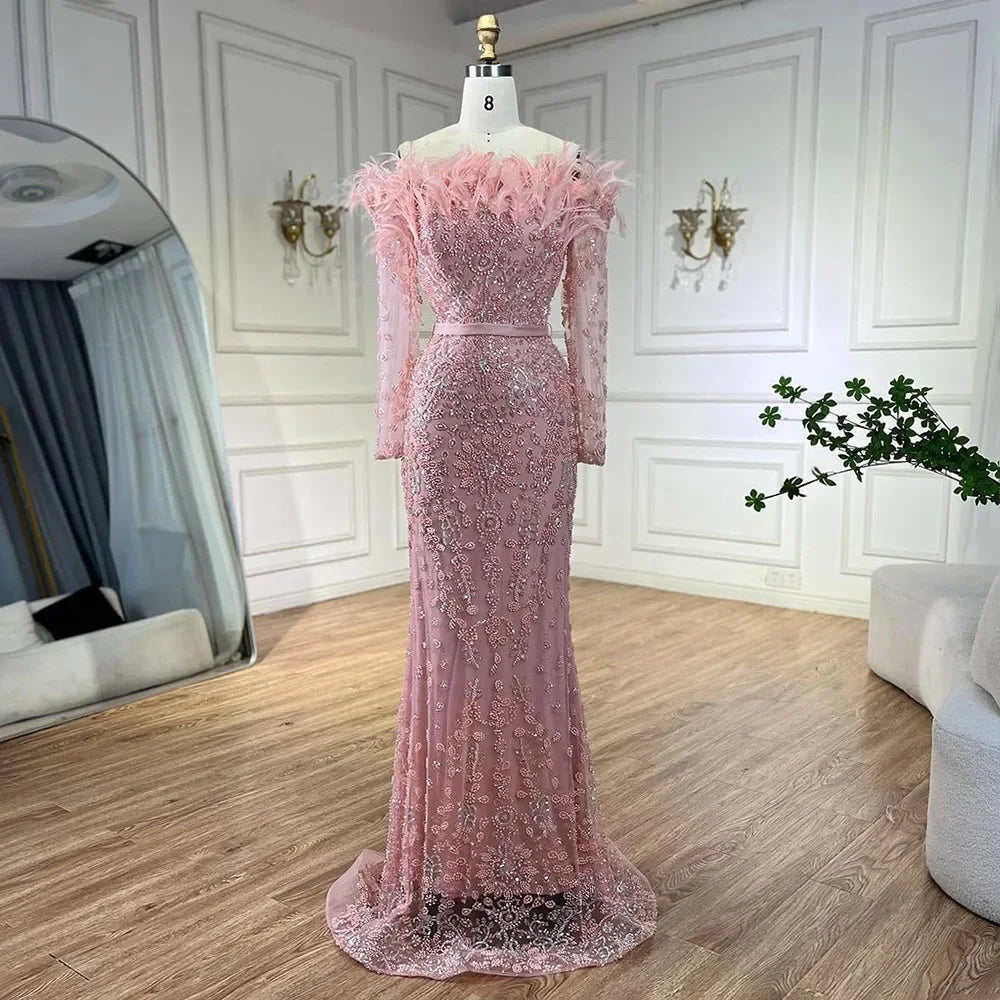 Luxury Dubai Green Boat Neck Mermaid Elegant Feathers Beaded Evening Dresses Gowns For Woman Wedding Party LA72553