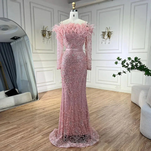 Luxury Dubai Green Boat Neck Mermaid Elegant Feathers Beaded Evening Dresses Gowns For Woman Wedding Party LA72553