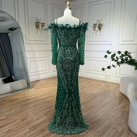 Luxury Dubai Green Boat Neck Mermaid Elegant Feathers Beaded Evening Dresses Gowns For Woman Wedding Party LA72553