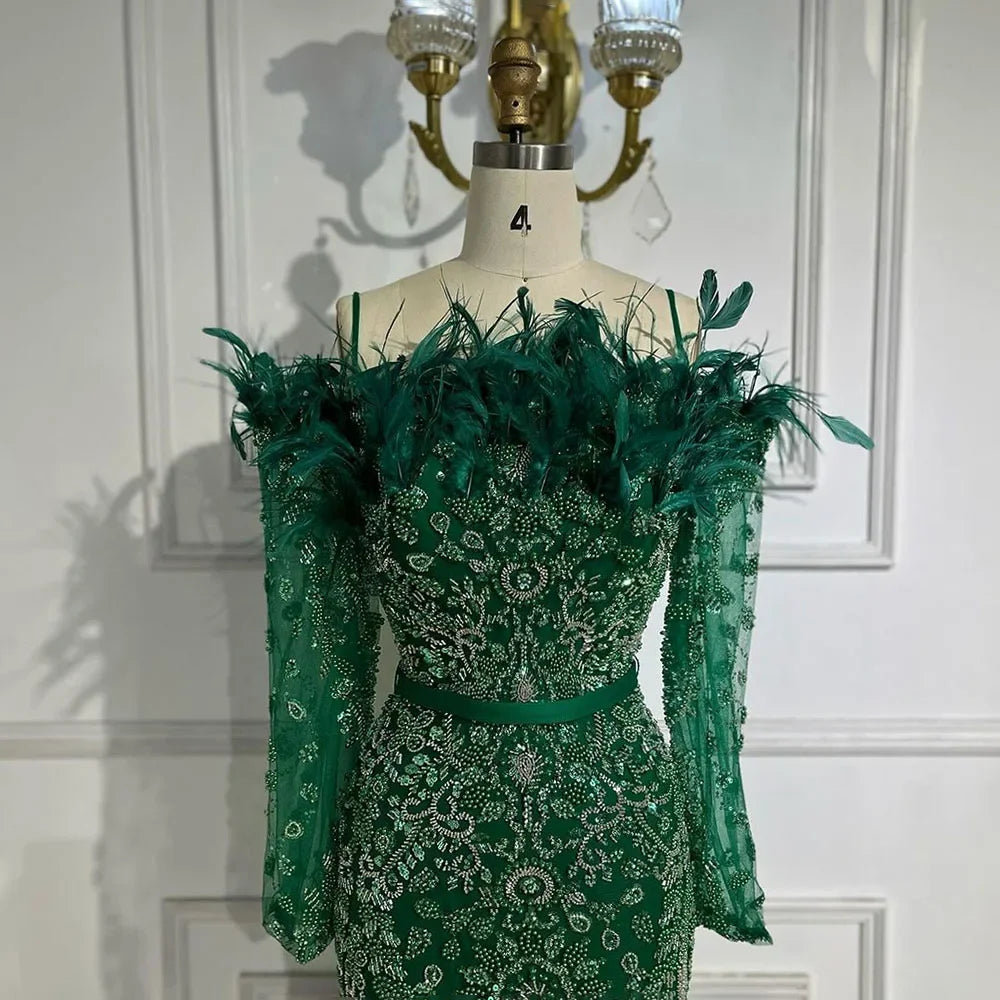 Luxury Dubai Green Boat Neck Mermaid Elegant Feathers Beaded Evening Dresses Gowns For Woman Wedding Party LA72553