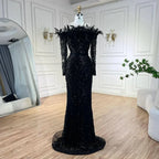 Luxury Dubai Green Boat Neck Mermaid Elegant Feathers Beaded Evening Dresses Gowns For Woman Wedding Party LA72553