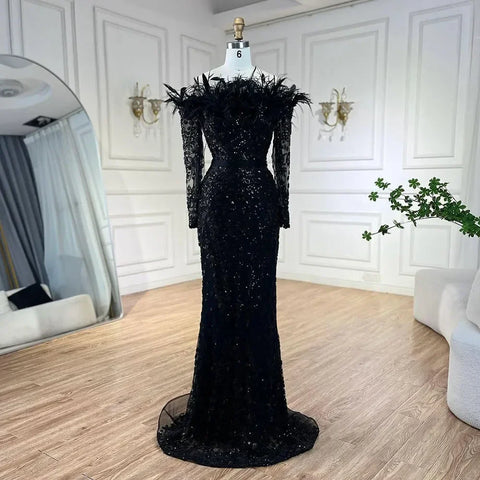 Luxury Dubai Green Boat Neck Mermaid Elegant Feathers Beaded Evening Dresses Gowns For Woman Wedding Party LA72553