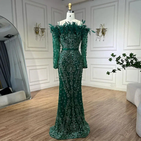 Luxury Dubai Green Boat Neck Mermaid Elegant Feathers Beaded Evening Dresses Gowns For Woman Wedding Party LA72553