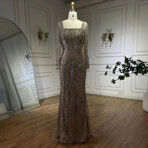 Luxury Dubai Green Mermaid Evening Dress Long Sleeves LA72242