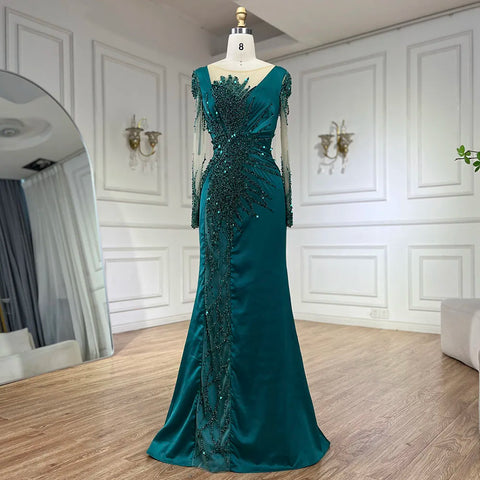 Luxury Dubai Green Mermaid Lace Beaded Satin Evening Dresses Formal Gowns 2025 For Woman Wedding Party LA72202A