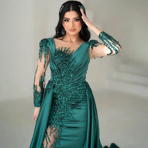 Luxury Dubai Green Mermaid Lace Beaded Satin Evening Dresses Formal Gowns 2025 For Woman Wedding Party LA72202A