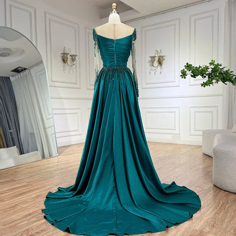 Luxury Dubai Green Mermaid Lace Beaded Satin Evening Dresses Formal Gowns 2025 For Woman Wedding Party LA72202A