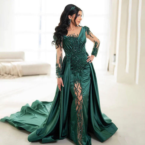 Luxury Dubai Green Mermaid Lace Beaded Satin Evening Dresses Formal Gowns 2025 For Woman Wedding Party LA72202A