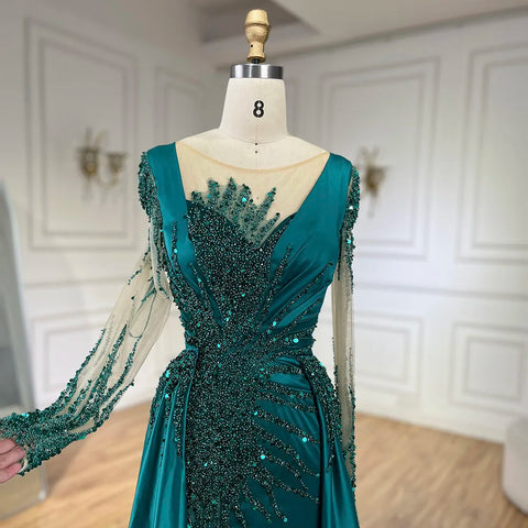 Luxury Dubai Green Mermaid Lace Beaded Satin Evening Dresses Formal Gowns 2025 For Woman Wedding Party LA72202A