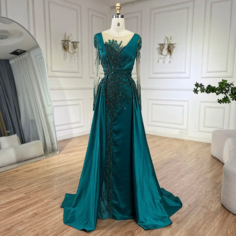 Luxury Dubai Green Mermaid Lace Beaded Satin Evening Dresses Formal Gowns 2025 For Woman Wedding Party LA72202A