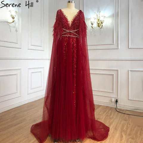 Luxury Dubai Grey Evening Formal Dresses with Feather Cape Shawl Gold Arabic Women Wedding Party Gowns Long LA70640