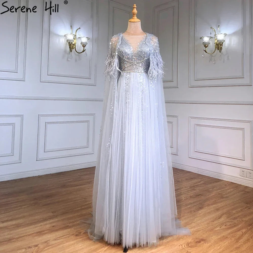 Luxury Dubai Grey Evening Formal Dresses with Feather Cape Shawl Gold Arabic Women Wedding Party Gowns Long LA70640