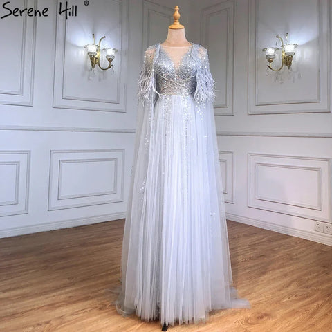 Luxury Dubai Grey Evening Formal Dresses with Feather Cape Shawl Gold Arabic Women Wedding Party Gowns Long LA70640