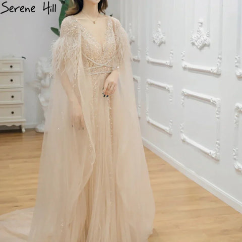 Luxury Dubai Grey Evening Formal Dresses with Feather Cape Shawl Gold Arabic Women Wedding Party Gowns Long LA70640