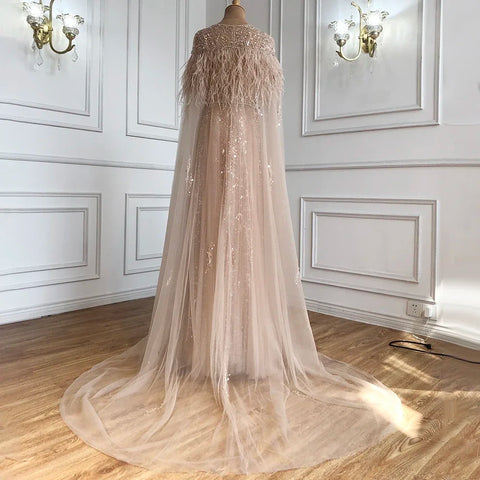 Luxury Dubai Grey Evening Formal Dresses with Feather Cape Shawl Gold Arabic Women Wedding Party Gowns Long LA70640